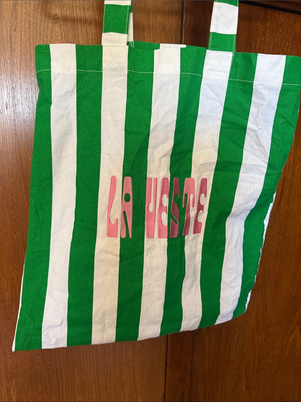 La Veste Green & White Stripe Canvas Tote Bag